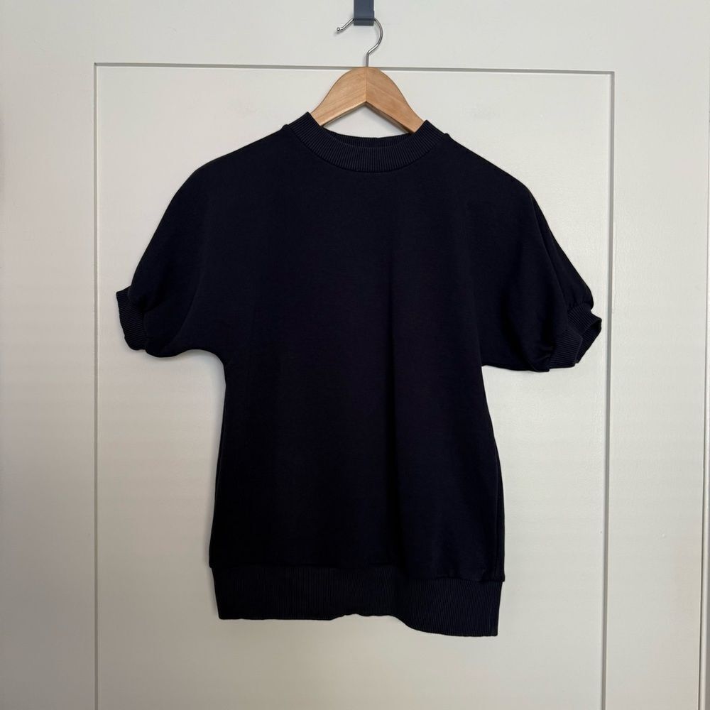 COS Sweater Top Womens Sz XS Navy Blue Short Sleeve Ribbed Trim Minimalist